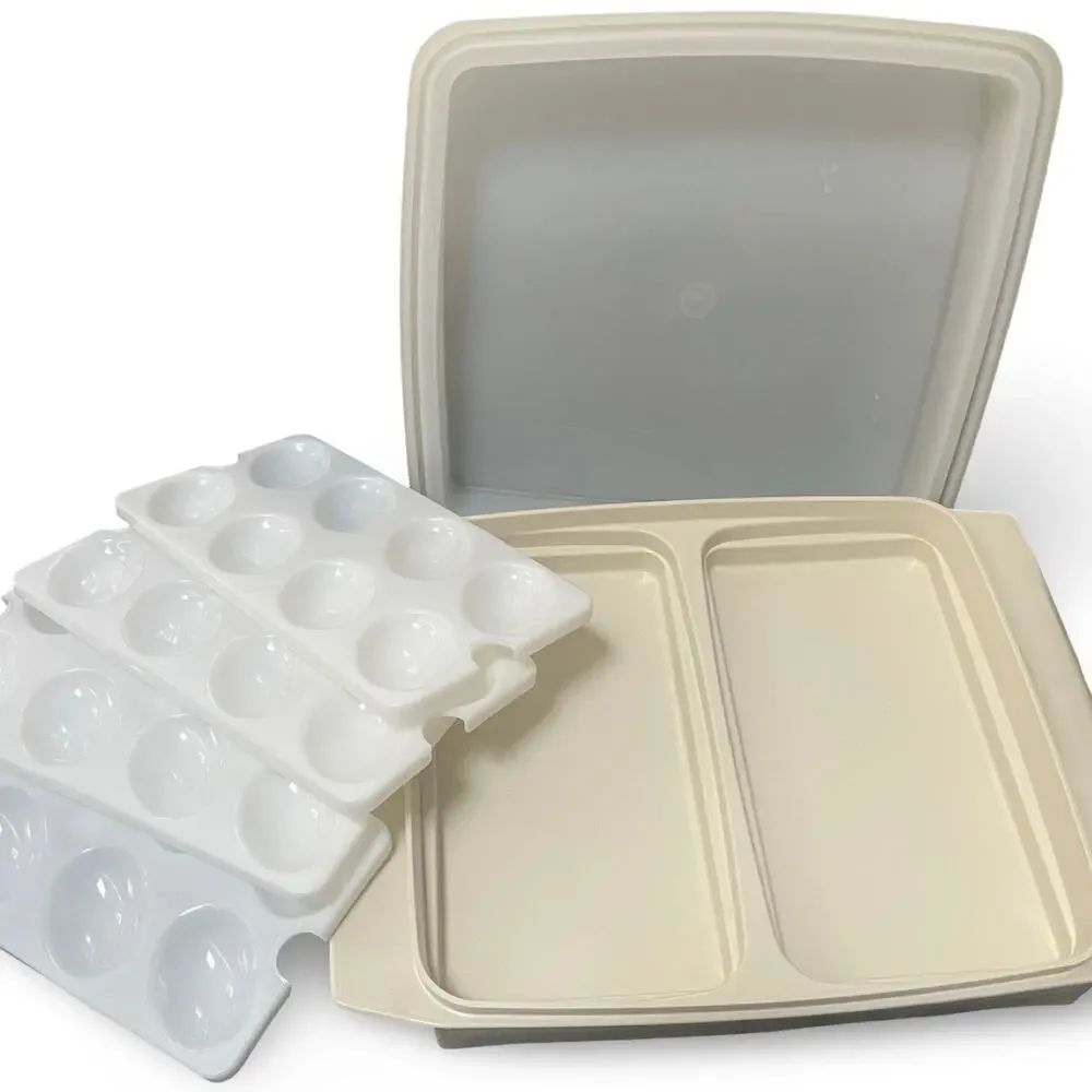 Tupperware 723 Deviled Egg Carrier Set Almond Beige 4 Trays 6pc Lot 722 665 Vtg